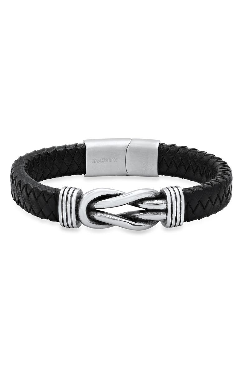 HMY JEWELRY Stainless Steel Knot Charm Leather Braided Bracelet, Main, color, Black-Metallic