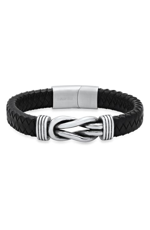 Stainless Steel Knot Charm Leather Braided Bracelet