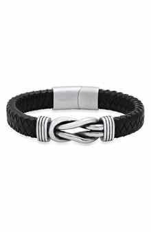 HMY JEWELRY Stainless Steel Knot Charm Leather Braided Bracelet