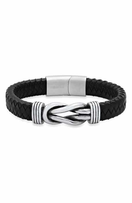 HMY JEWELRY Stainless Steel Knot Charm Leather Braided Bracelet