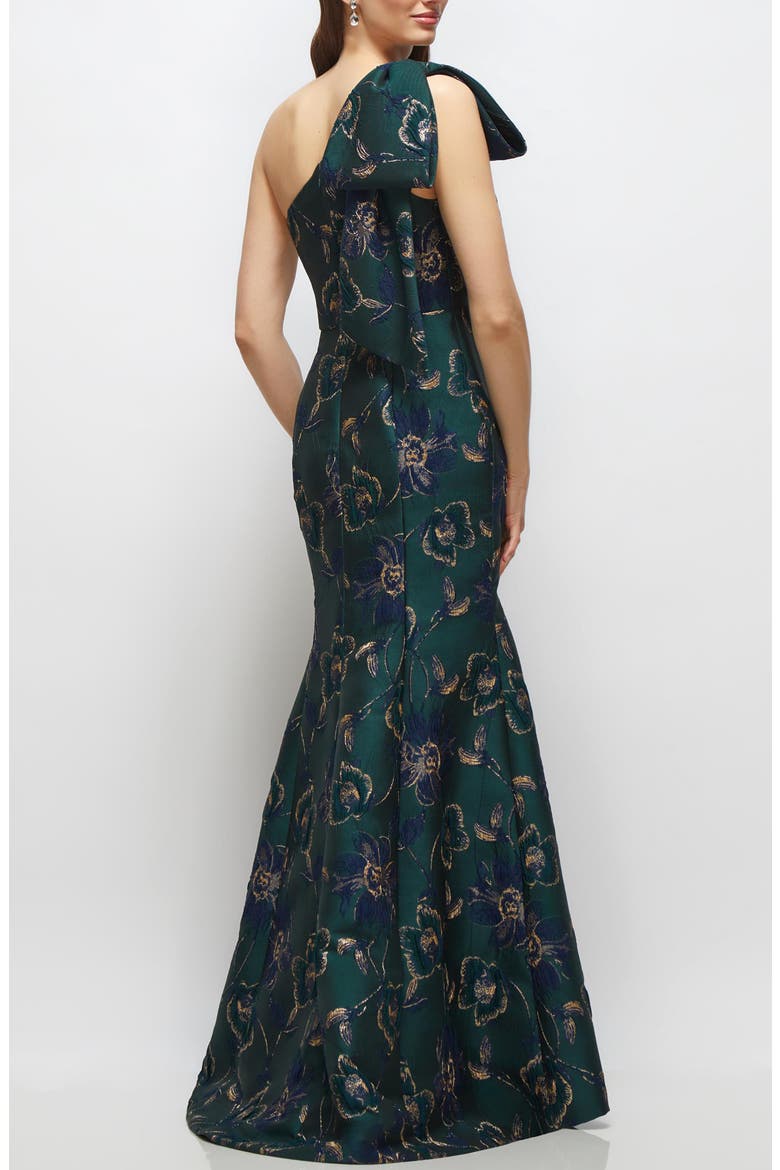 One-Shoulder Metallic Floral Jacquard Trumpet Gown, Alternate, color, EVERGREEN FLORAL