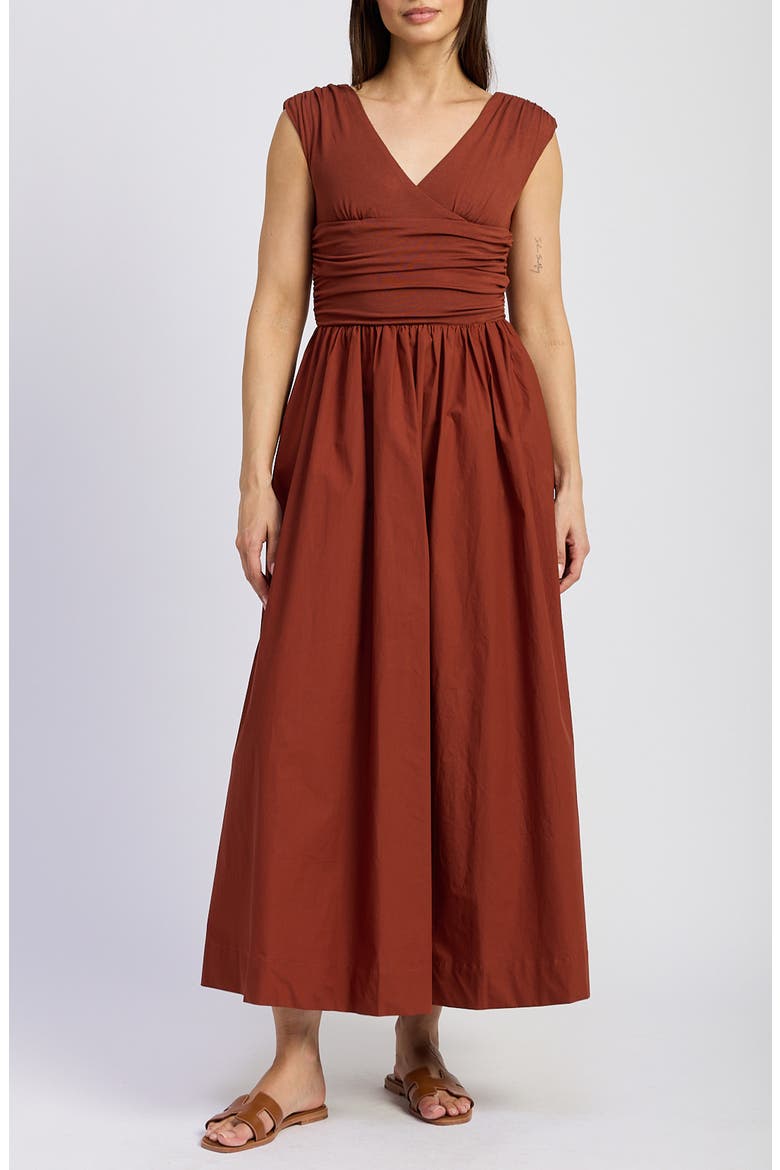 Emma Ruched Mixed Media Sundress, Main, color, BRICK
