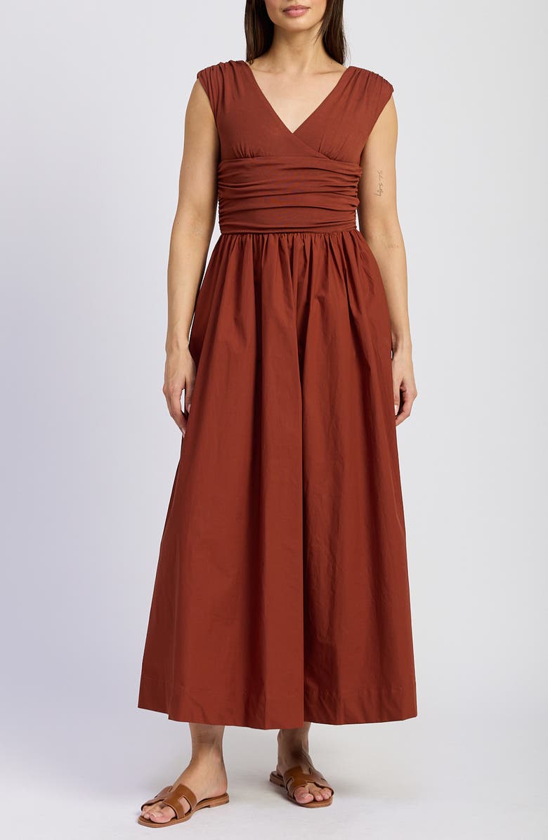 En Saison Emma Ruched Mixed Media Sundress, Main, color, Brick
