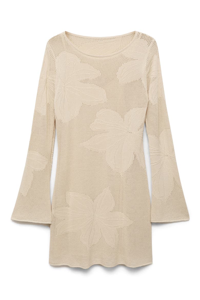 Embroidered Floral Long Sleeve Open Stitch Knit Minidress, Alternate, color, BEIGE