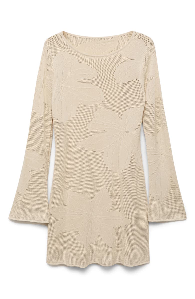 MANGO Embroidered Floral Long Sleeve Open Stitch Knit Minidress, Alternate, color, Beige