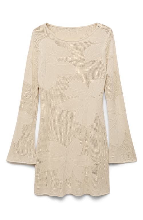 Mango Embroidered Floral Long Sleeve Open Stitch Knit Minidress In Neutral