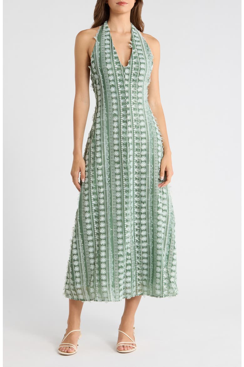 Tussah Mixed Embroidery Halter Neck Maxi Dress, Main, color, GREEN