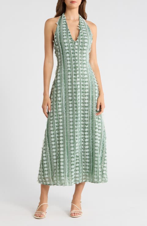 Tussah Mixed Embroidery Halter Neck Maxi Dress