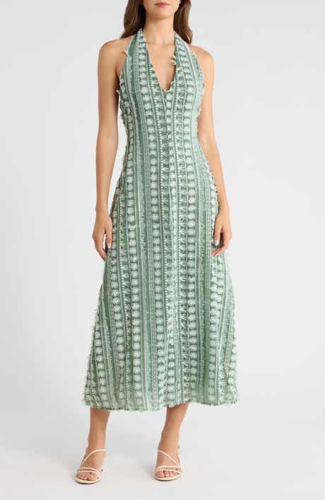 Tussah Mixed Embroidery Halter Neck Maxi Dress