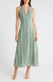 MAUDE CLUB Tussah Mixed Embroidery Halter Neck Maxi Dress