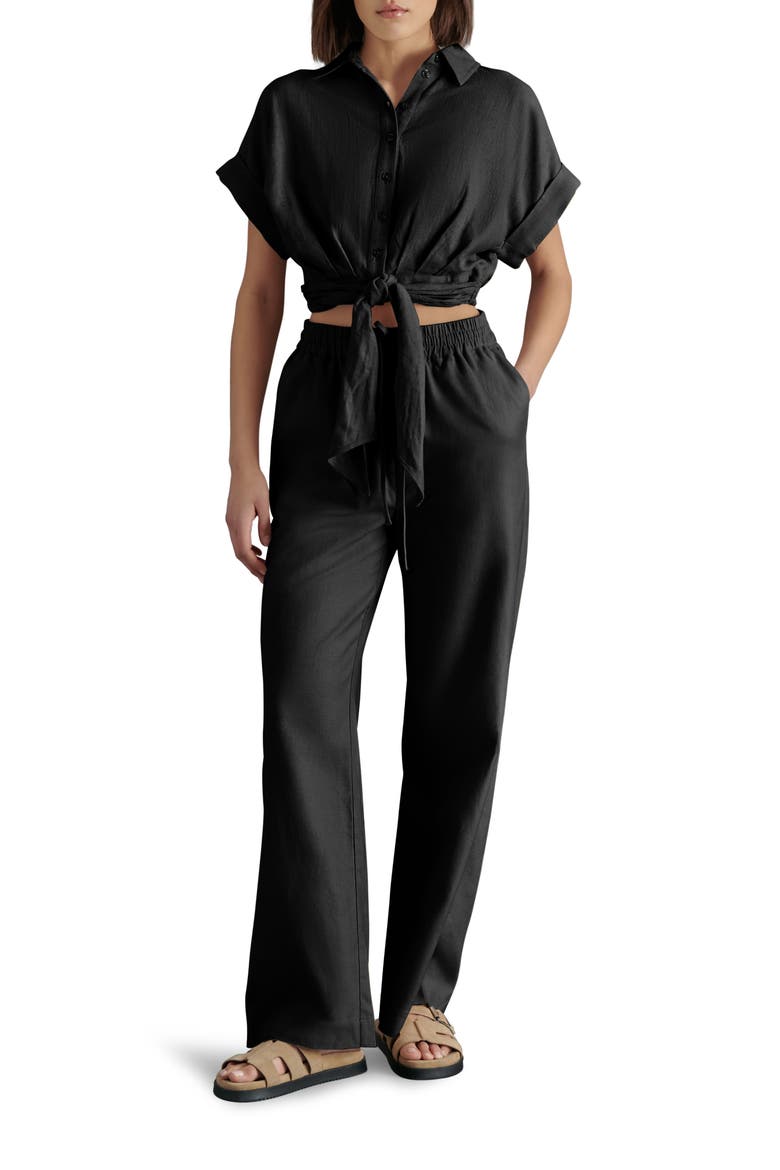 Tori Tie Front Linen Blend Button-Up Shirt, Alternate, color, BLACK