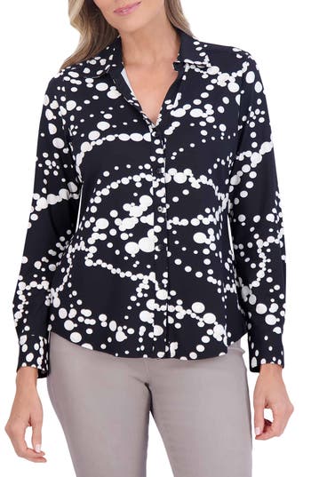 FOXCROFT FOXCROFT MARY DOT PRINT JERSEY BUTTON-UP SHIRT 