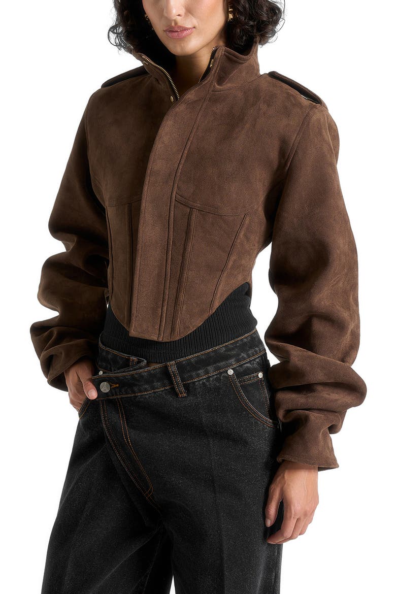 Solange Suede Tacked Sleeve Corset Jacket, Alternate, color, Brown