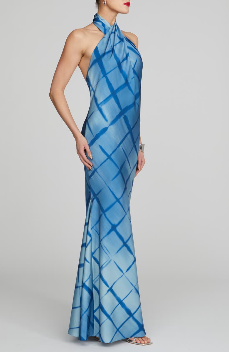HALSTON Corinne Satin Halter Gown, Alternate, color, Batik