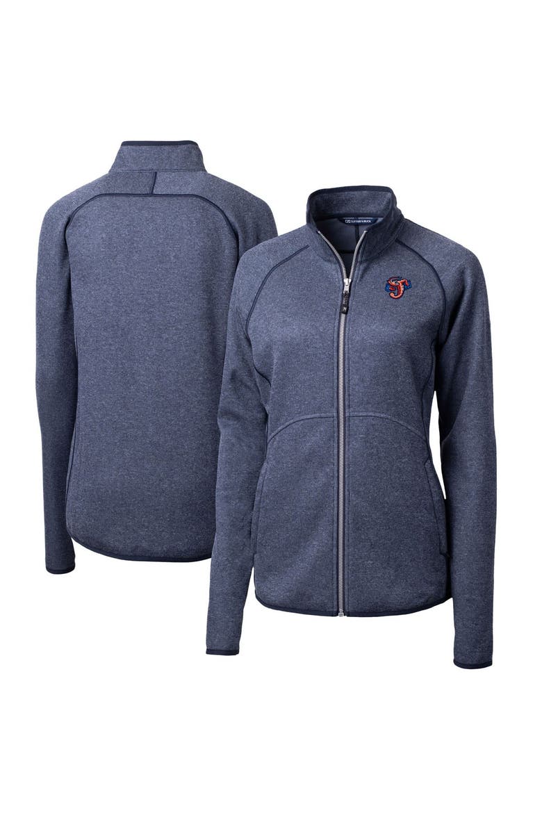 Women's Cutter & Buck  Heather Navy Jacksonville Jumbo Shrimp Mainsail Sweater-Knit Full-Zip Jacket, Main, color, Heather Navy