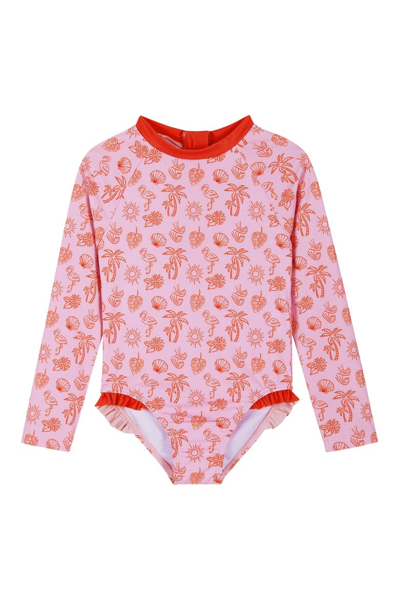 Kids' Long Sleeve One-Piece Rashguard Swimsuit & Scrunchie Set, Alternate, color, PINK BEACH