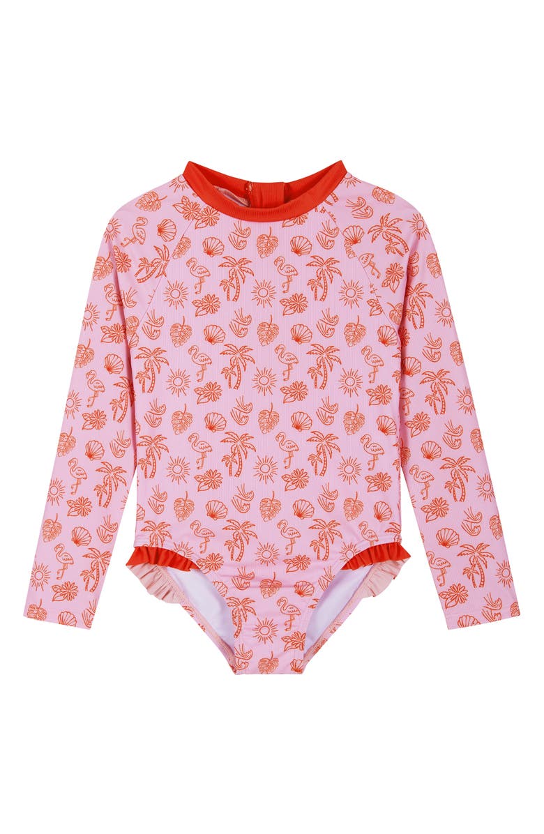 Andy & Evan Kids' Long Sleeve One-Piece Rashguard Swimsuit & Scrunchie Set, Alternate, color, Pink Beach