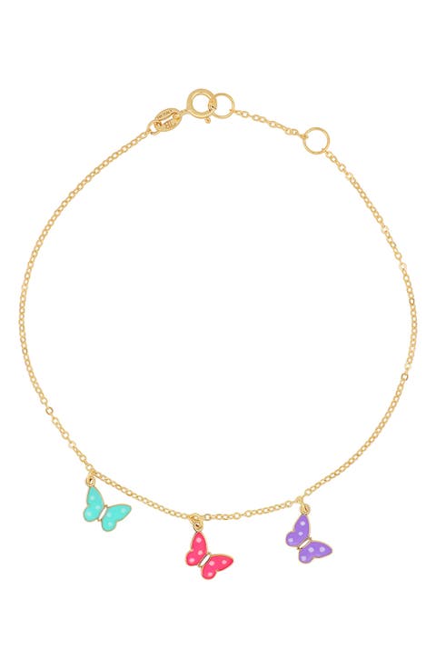 14K Gold Enamel Butterfly Charm Bracelet