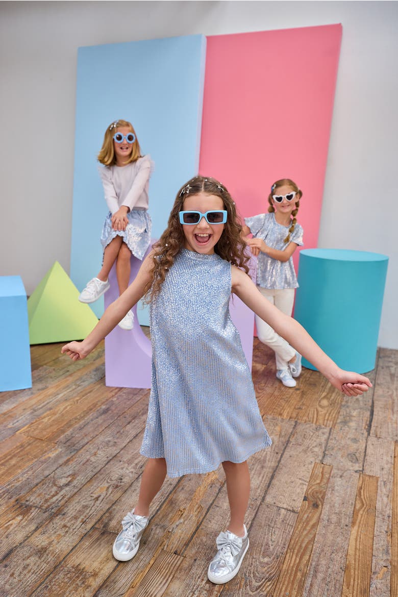 Kids' Metallic Halter Swing Dress, Alternate, color, Blue Crinkle Stars