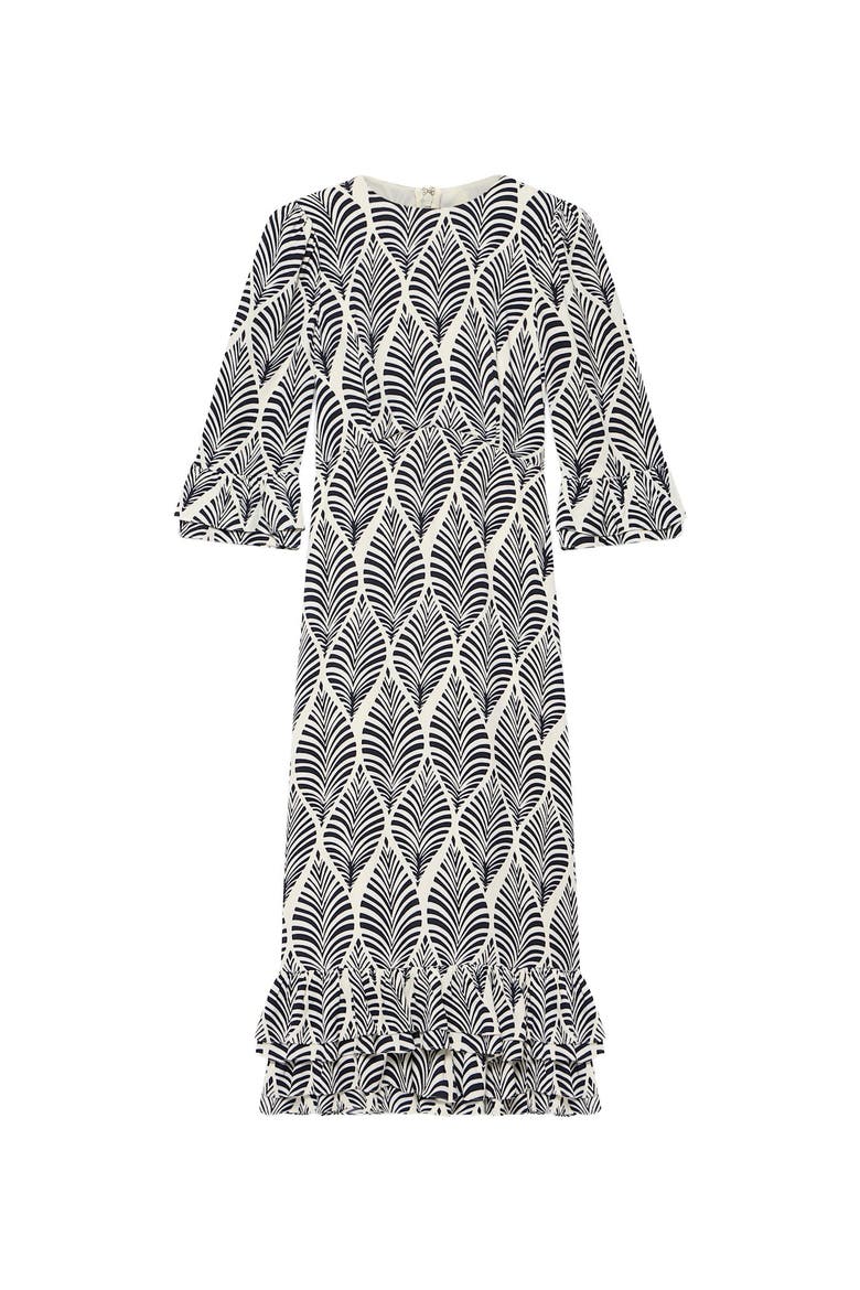Printed Ruffle Detail Midi Dress, Alternate, color, Blue