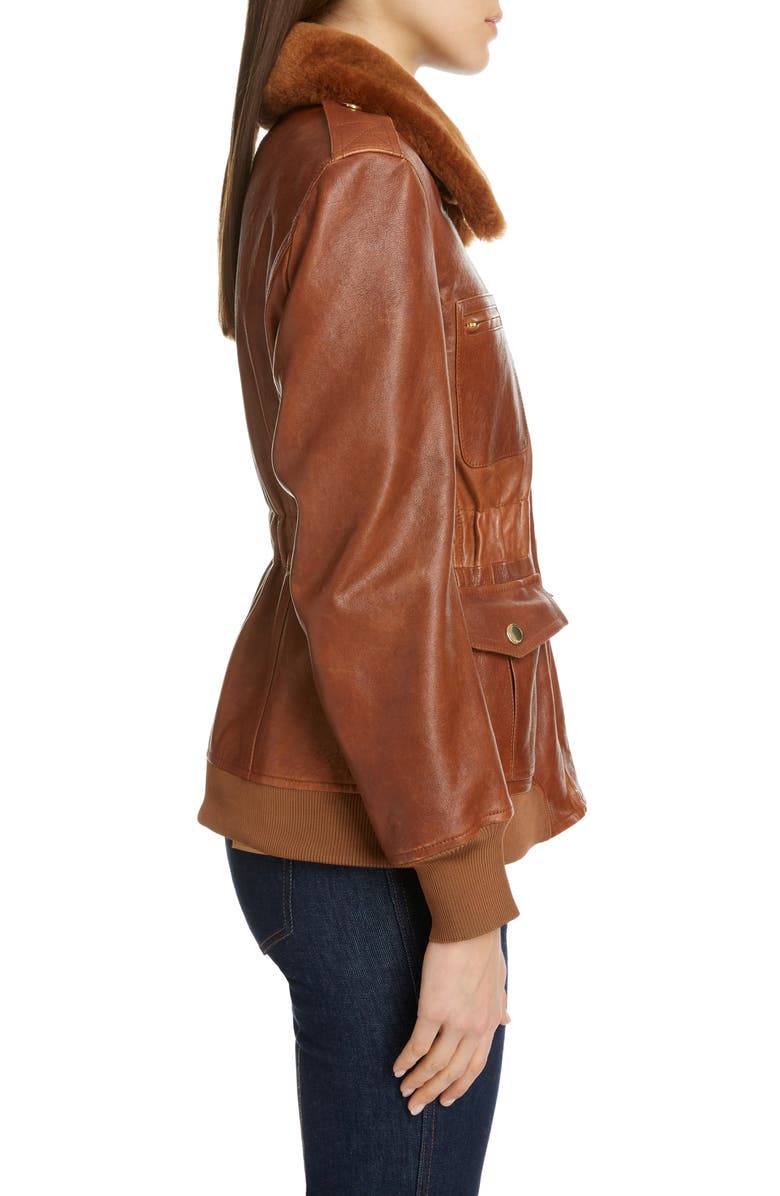 Chloé Lambskin Leather Jacket with Genuine Shearling Trim, Alternate, color,