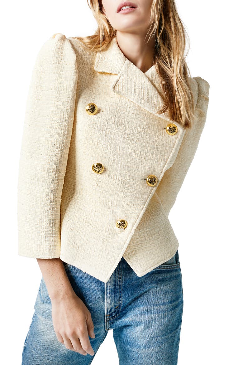 Double Breasted Cotton Blend Tweed Jacket, Alternate, color, CREMA TWEED