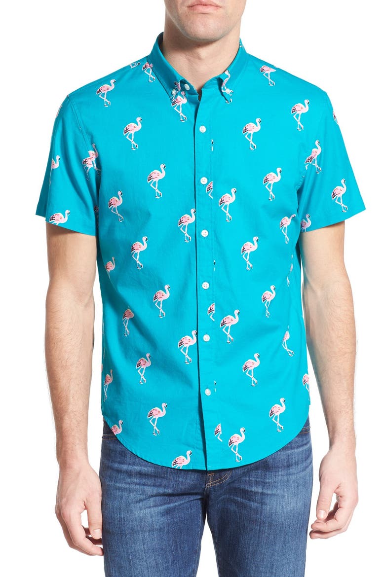 'Flamingo Stand' Slim Fit Short Sleeve Sport Shirt, Main, color, LANAI TURQ