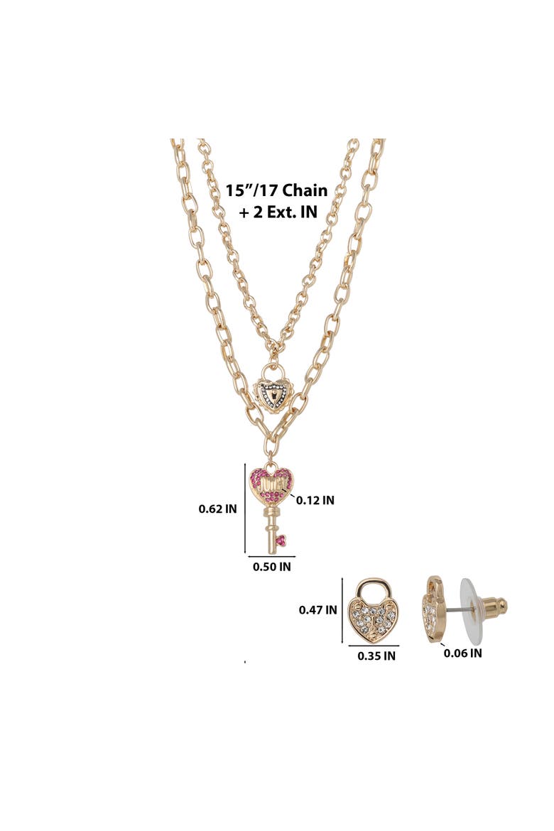 Key Charm Layered Necklace and Lock Earring Set, Alternate, color, Gold Tone