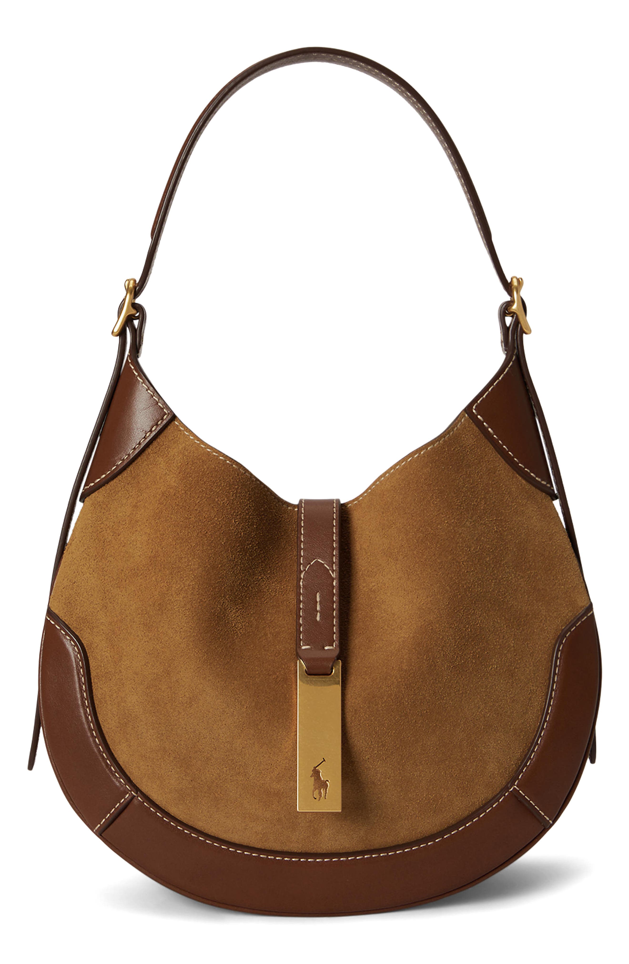 Small Polo ID Suede & Leather Shoulder Bag, Main, color, CLAY/ TOBACCO