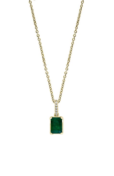 14K Yellow Gold Emerald & Pavé Diamond Pendant Necklace - 0.03 ctw.