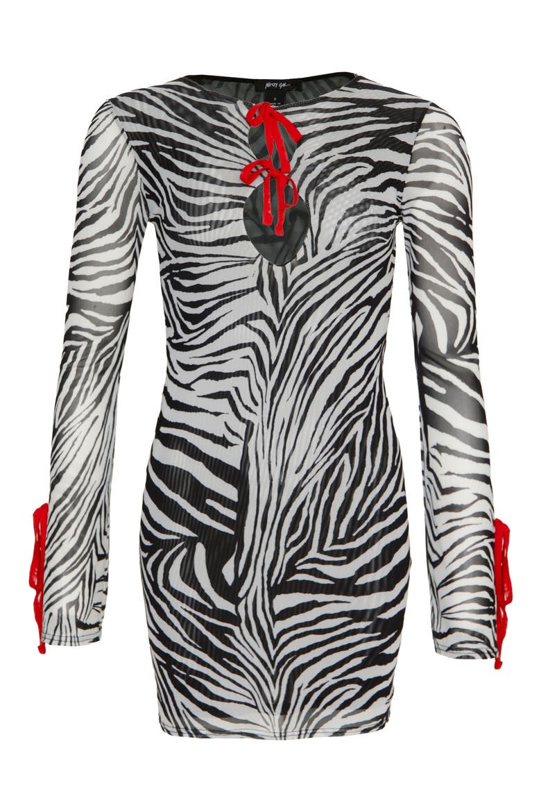 Animal Print Long Sleeve Cutout Mesh Minidress, Alternate, color, BLACK