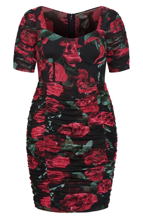 Rose Print Ruched Bustier Dress