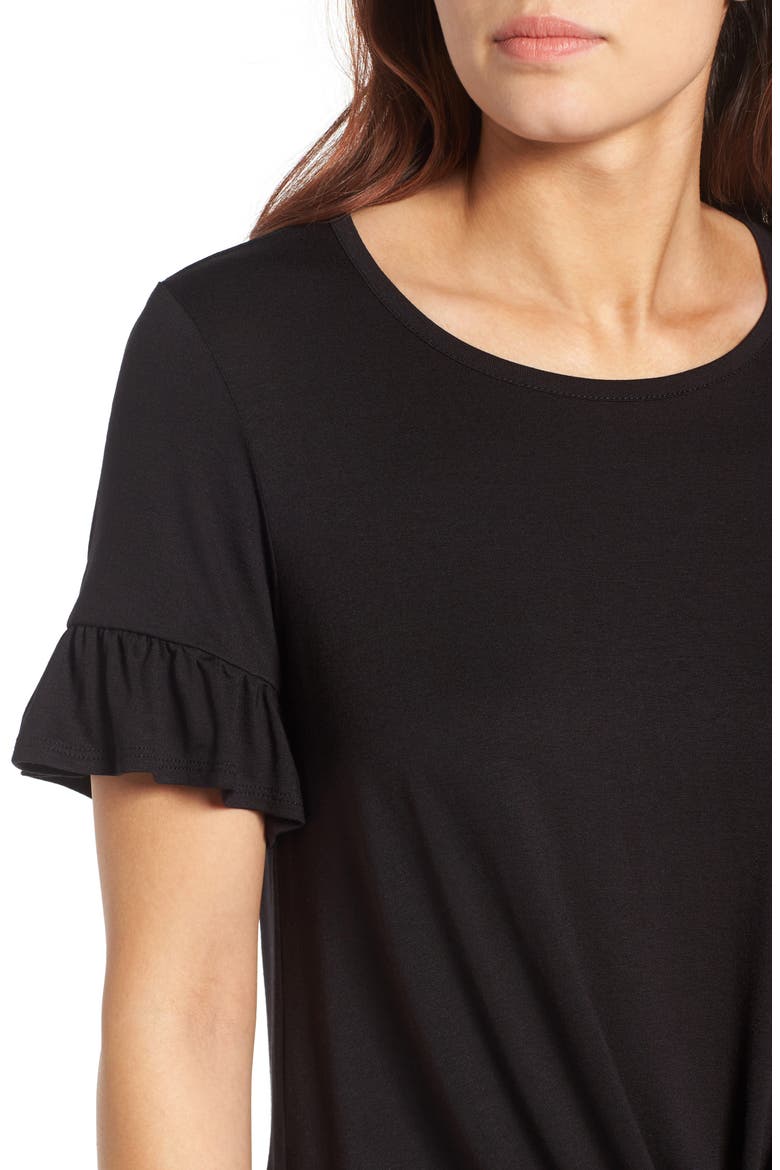 Bell Sleeve Tie Front Top, Alternate, color, BLACK
