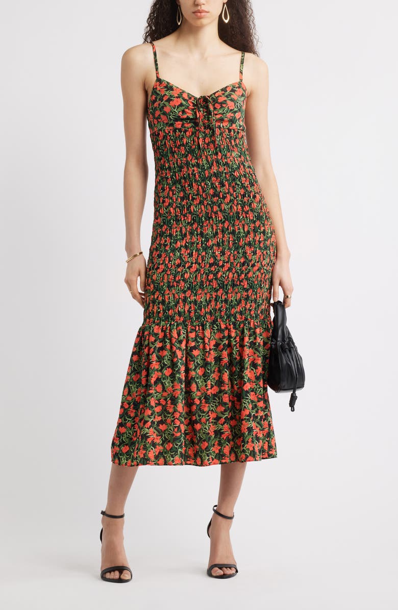 Chelsea28 Smocked Drop Waist Sundress, Alternate, color, Black- Red Hibiscus Tropic