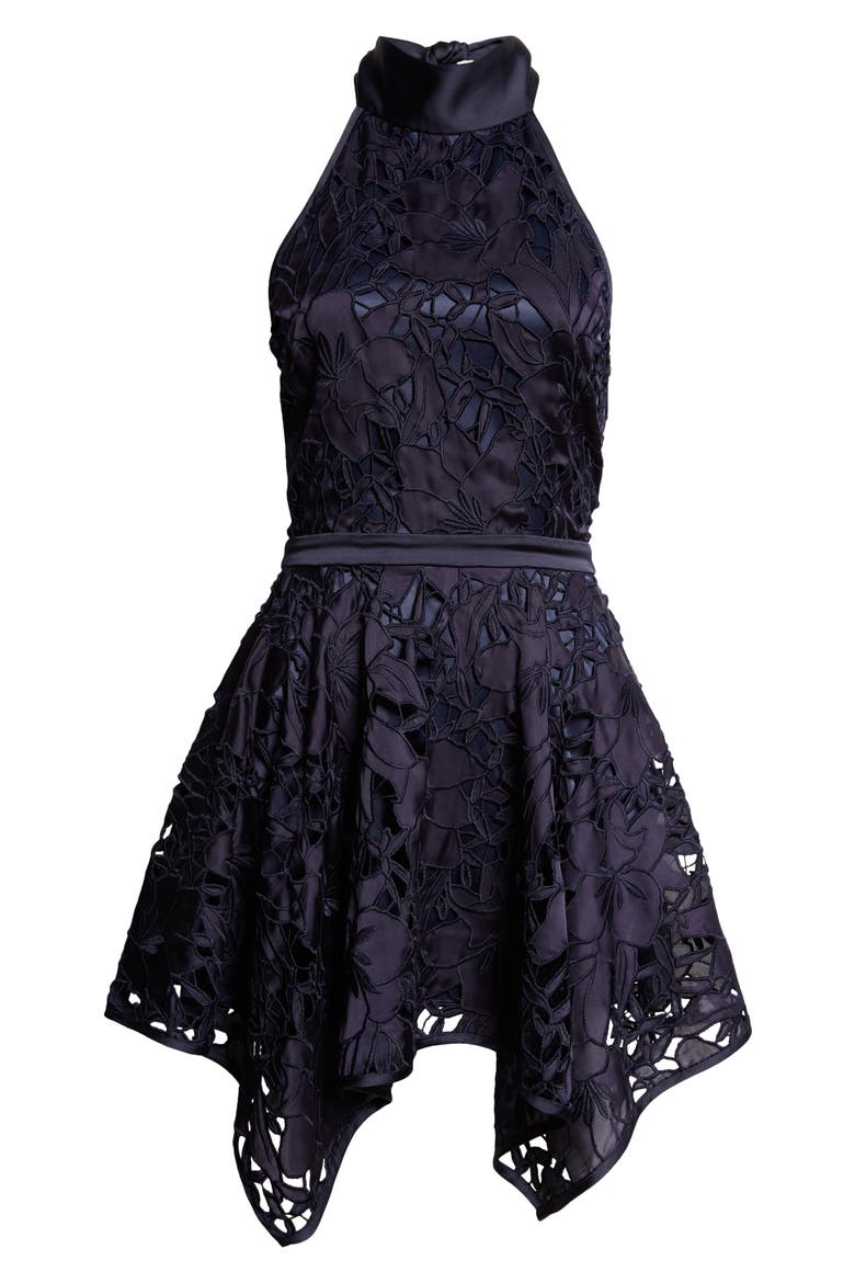 Leyla Floral Cutout Halter Minidress, Alternate, color, NAVY SATEEN FLORAL CUTOUT