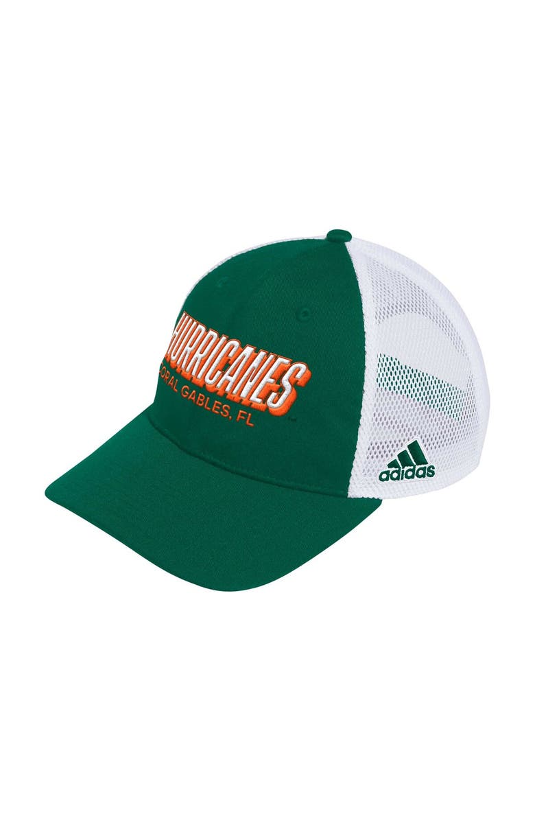 adidas Men's adidas Green Miami Hurricanes Mascot Block Letter Slouch Trucker Adjustable Hat, Main, color, Green