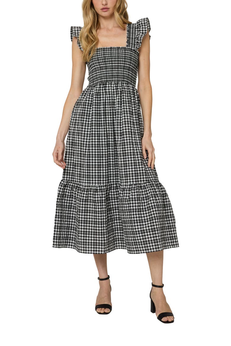 The Flounce Smocked Midi Dress, Main, color, Black Checkerd