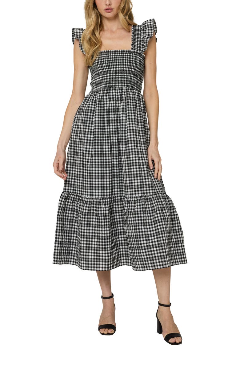 The Standard Stitch The Flounce Smocked Midi Dress, Main, color, Black Checkerd