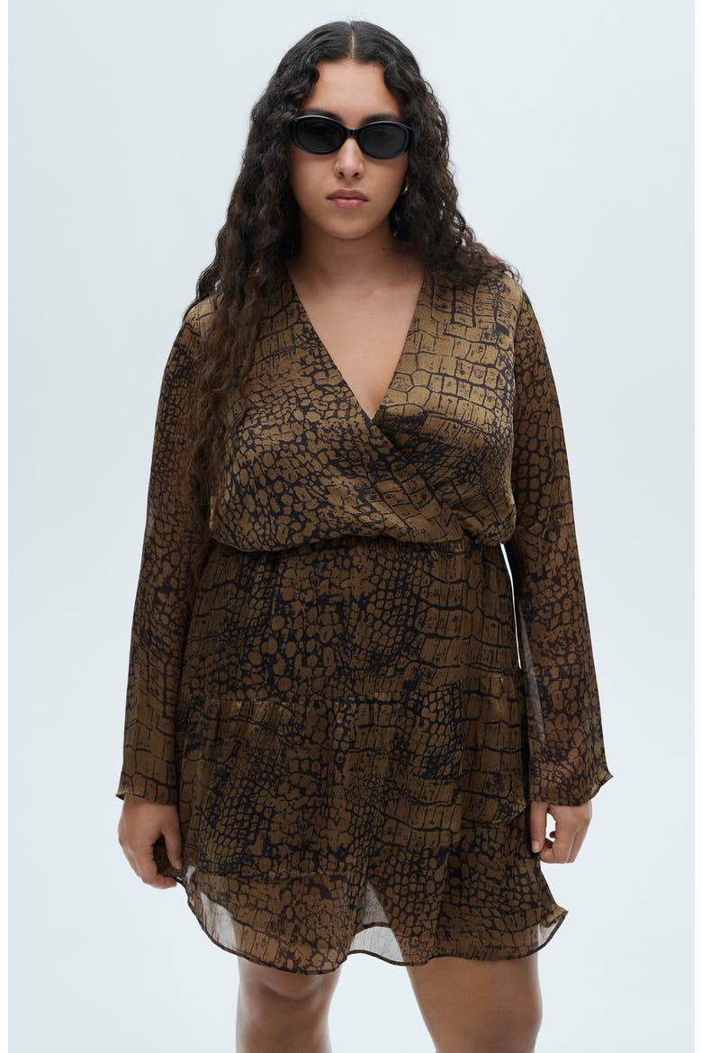 Animal Print Ruffle Long Sleeve Dress, Alternate, color, BROWN