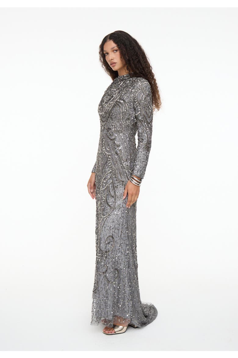 Modest Embellished Sequin Beaded Dress Maxi With Cowl Neck, Alternate, color, CHARCOAL