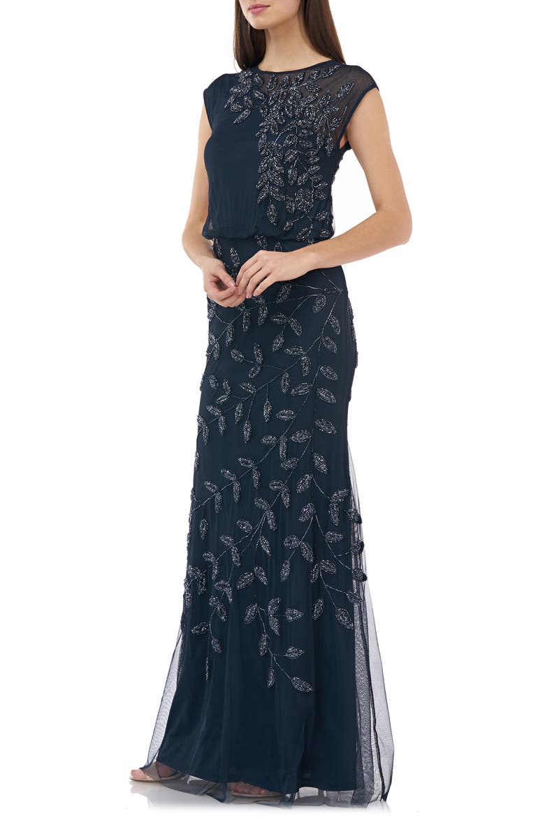 Beaded Leaf Chiffon Trumpet Gown, Alternate, color, NAVY