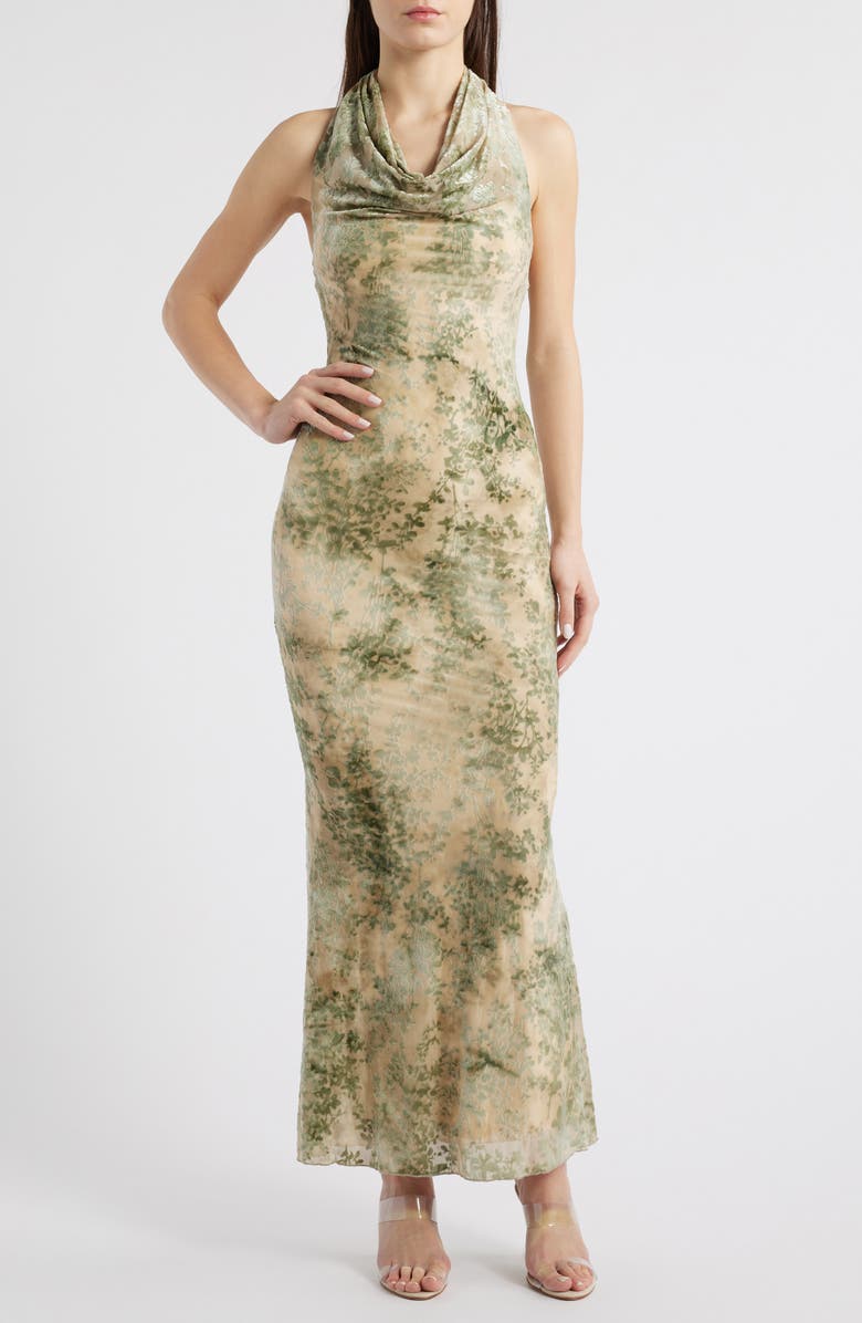 Rare London Burnout Cowl Neck Maxi Cocktail Dress, Main, color, 