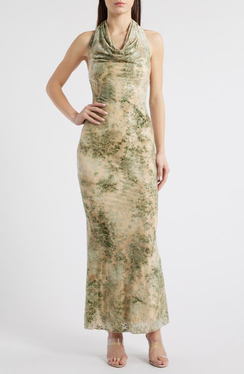 Burnout Cowl Neck Maxi Cocktail Dress