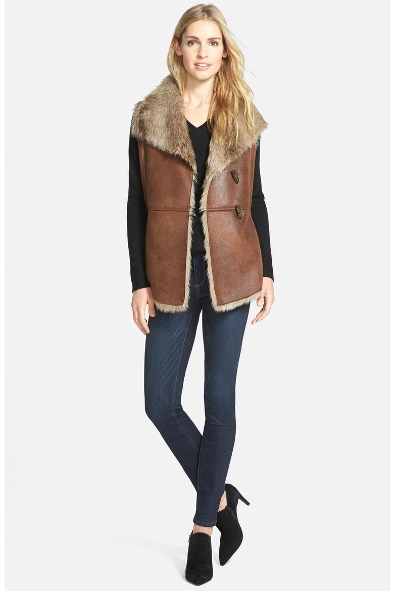 Toggle Closure Faux Shearling Vest, Alternate, color, BROWN