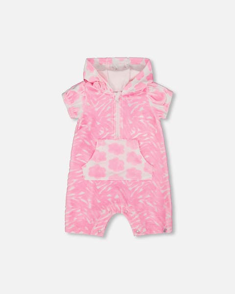 Baby Girl's Printed Terry Romper With Hood Vibrant Pink And White