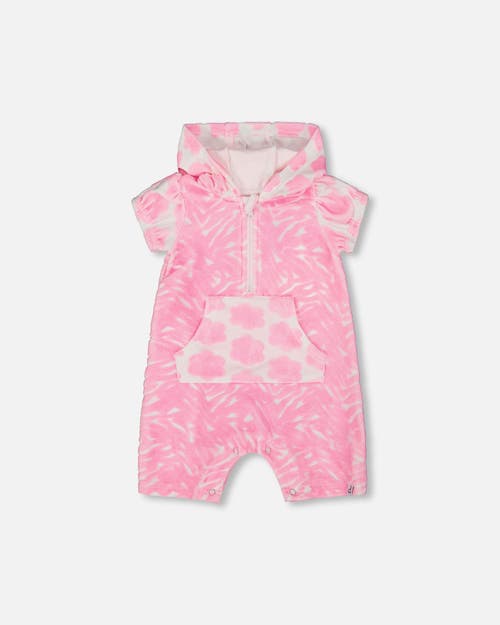 Deux Par Deux Baby Girl's Printed Terry Romper With Hood Vibrant Pink And White In Vibrant Pink And White
