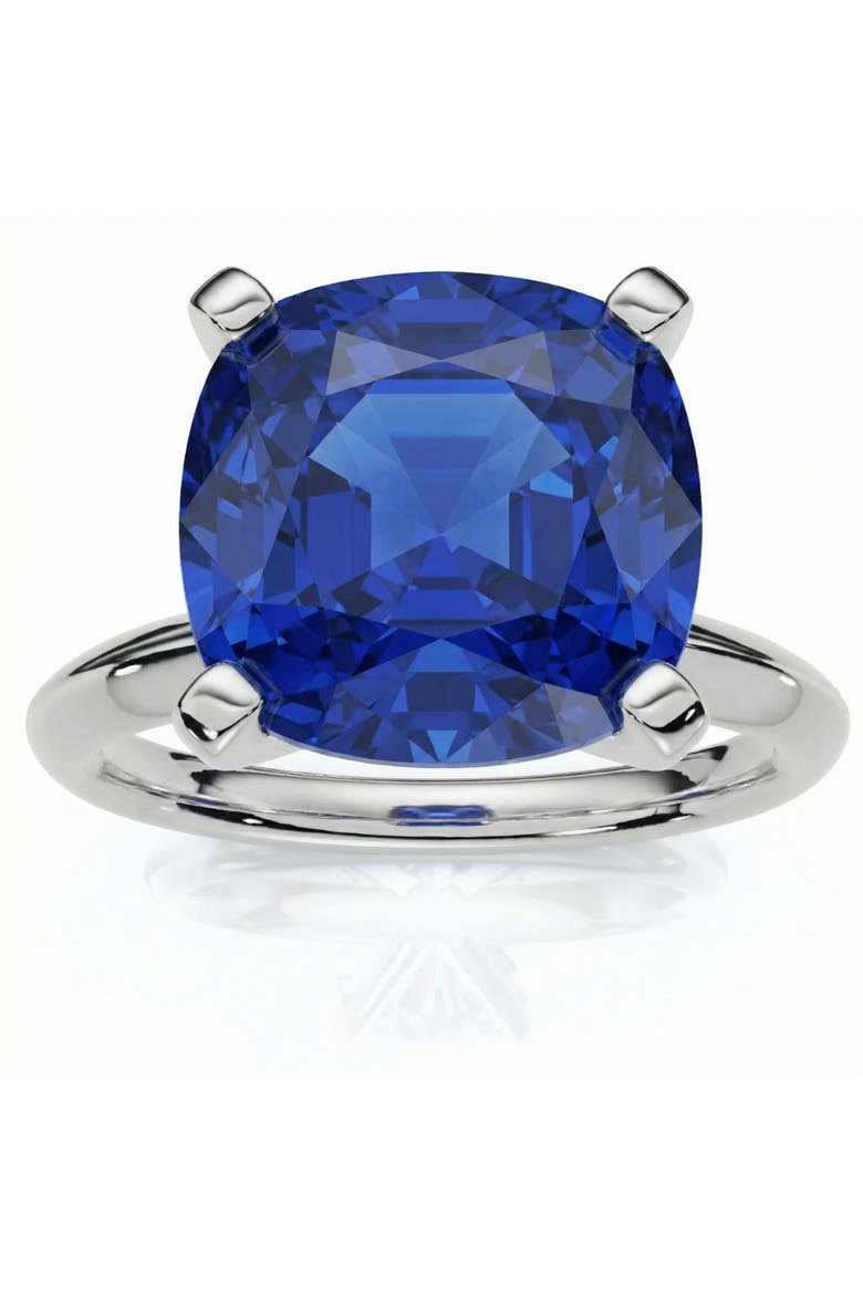 5Ct Cushion Blue Sapphire Solitaire Ring 14k Gold Lab Grown 10MM, Main, color, 14k White Gold