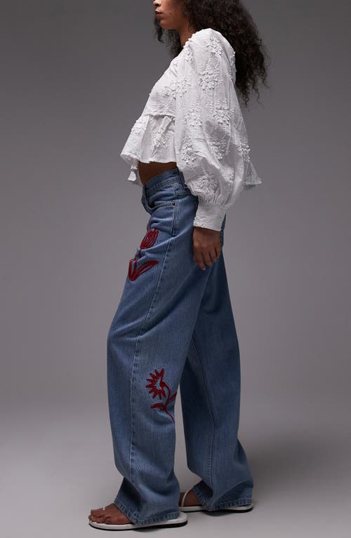 Topshop Embroidered Mid Rise Relaxed Straight Leg Jeans