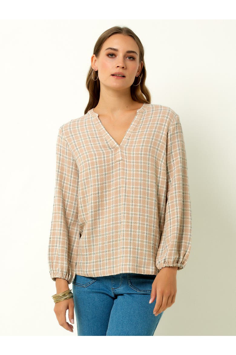 V-Neck Plaid Peasant Top, Main, color, Cream Plaid