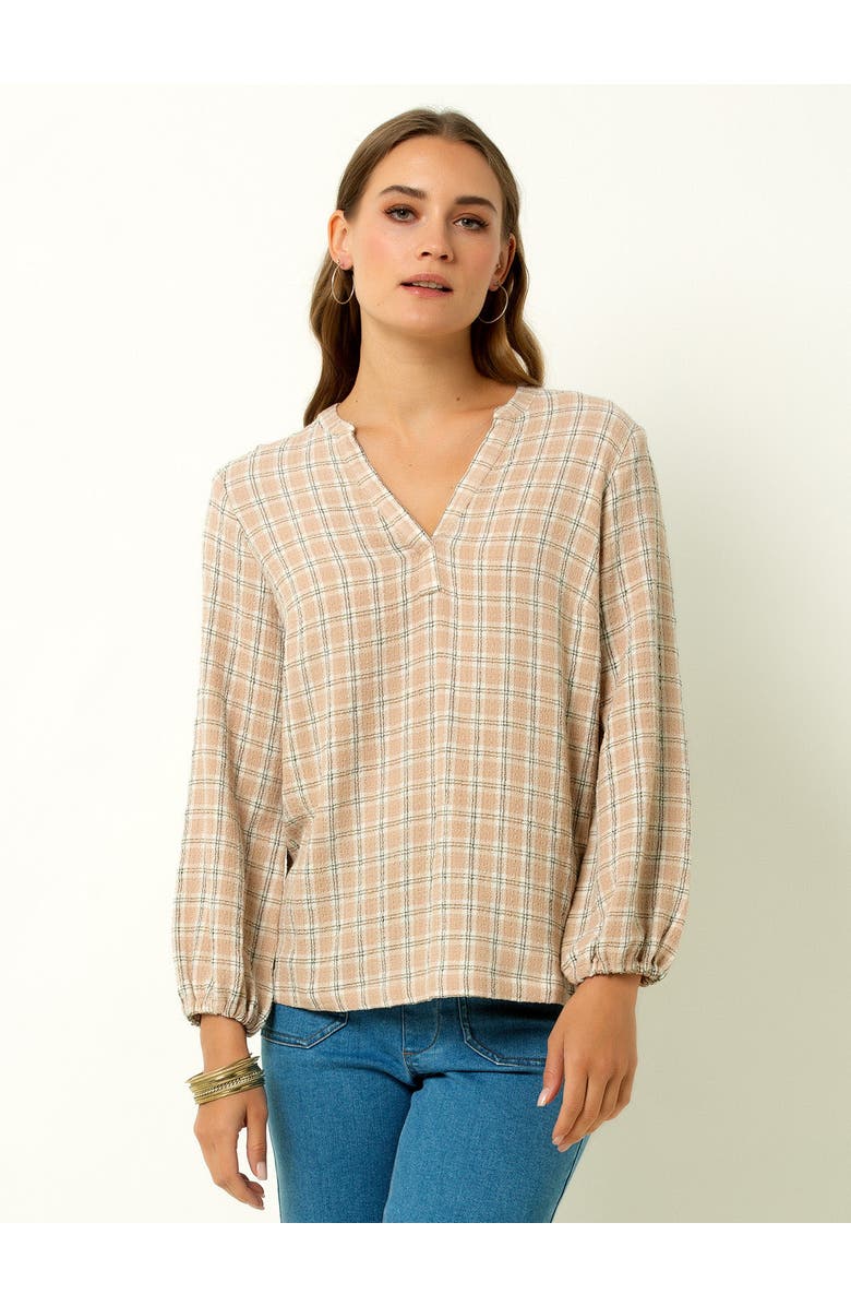 Single Stitch V-Neck Plaid Peasant Top, Main, color, Cream Plaid